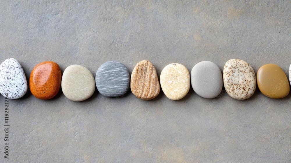 Smooth, colored stones arranged in straight line on gray surface Smooth, colored stones arranged in straight line on gray surface