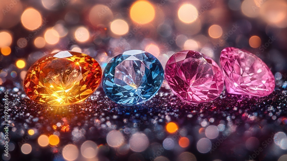 Four vibrant gemstones on sparkling surface. Four vibrant gemstones on sparkling surface.
