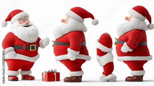 Four 3D rendered views of a jolly Santa Claus figure, holding a gift. photo