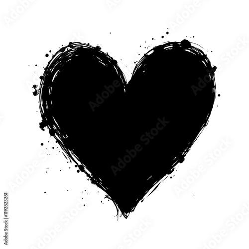 Black grunge-style heart with splashes and uneven edges on a white background, symbolizing love and emotions with artistic flair. Valentine's day illustration.