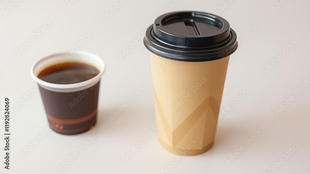 Paper coffee cup with a plastic lid on a light background with space for text or design, takeout, breakfast, caffeine Paper coffee cup with a plastic lid on a light background with space for text or design, takeout, breakfast, caffeine