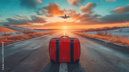 An airplane departing from the runway, against the background of the sunset sky photo