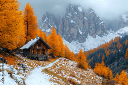 Golden cedar trees contrast against rugged gray peaks in this autumnal mountain landscape. Despite the first snow of the season, the valley below is covered in red and orange leaves. photo