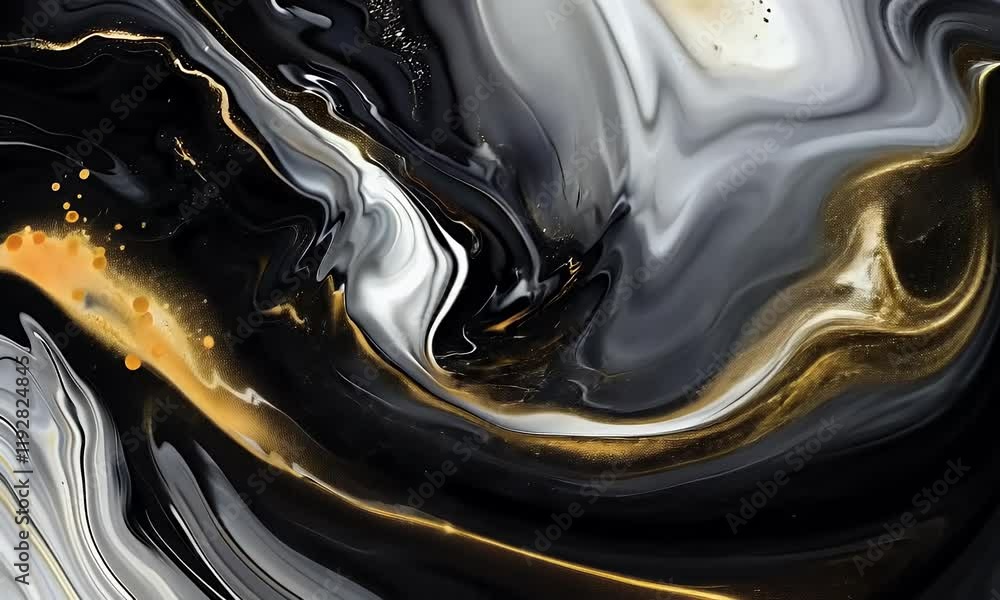 Vivid swirls elegant black and white marble texture infused with shimmering golden accents, creating a luxurious and modern abstract design.