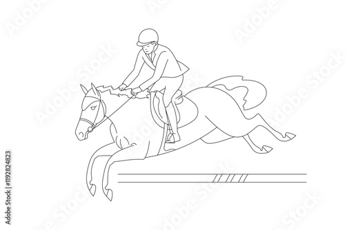 Equestrian jumping over a hurdle, simple black and white line art illustration showing horse and rider in motion