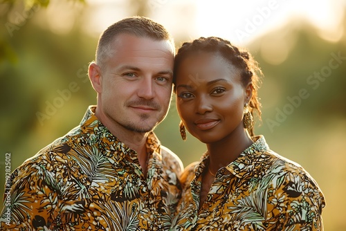 Two individuals wear similar floral patterned shirts in a warm sunlight setting. Generative AI photo