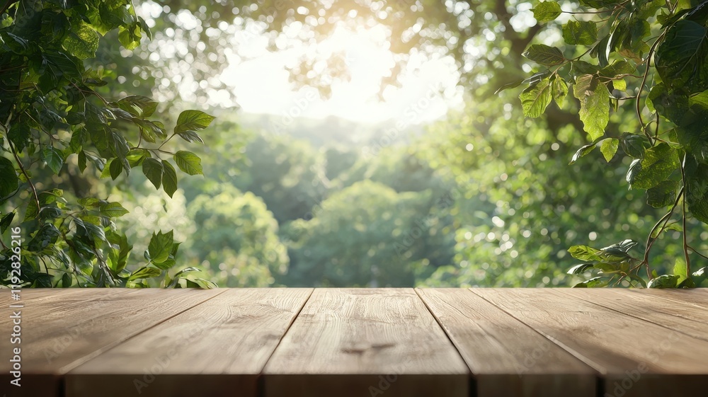 Serene Wooden Table with Lush Greenery and Soft Sunlight Streaming Through Leaves in a Tranquil Nature Setting Serene Wooden Table with Lush Greenery and Soft Sunlight Streaming Through Leaves in a Tranquil Nature Setting