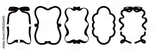 Whimsical ribbon frames with bows. Borders for wedding invitation, holiday greetings, birthday card, menu design and other decorations. Vector illustration isolated on white background.