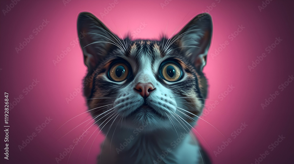 A crazy surprised cat makes big eyes close up on a colored background A crazy surprised cat makes big eyes close up on a colored background