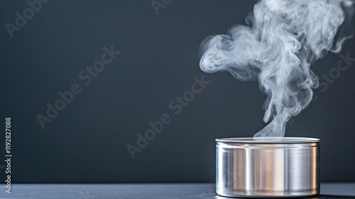 Metal container emitting visible steam against dark background photo