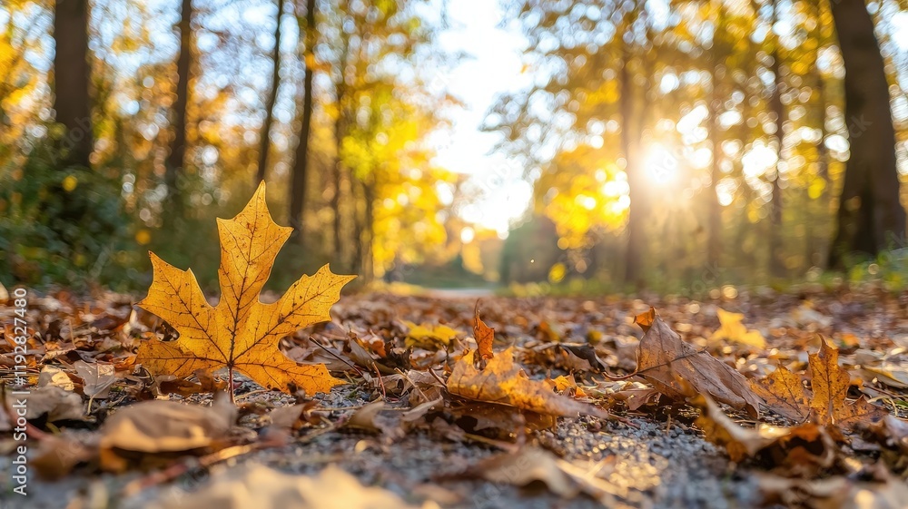 Vibrant Autumn Scene with Golden Leaves and Warm Sunlight in a Peaceful Forest Pathway at Dusk Vibrant Autumn Scene with Golden Leaves and Warm Sunlight in a Peaceful Forest Pathway at Dusk