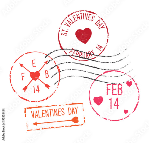 Postal rubber stamps ST. VALENTINES DAY, FEBRUARY 14. Retro seals for letter envelopes, greeting cards, passport, parcels. 