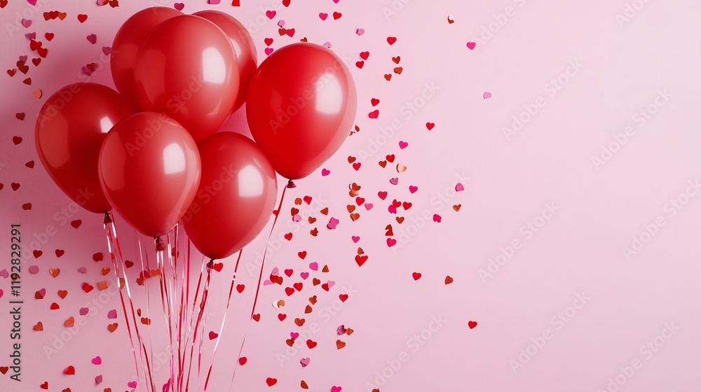 Red balloons and confetti on pink background, valentines day concept celebration, card, copy space, top view Red balloons and confetti on pink background, valentines day concept celebration, card, copy space, top view
