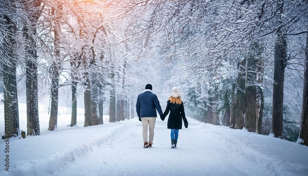 Generated image A couple holding hands and walking through a snowy park Generated image A couple holding hands and walking through a snowy park