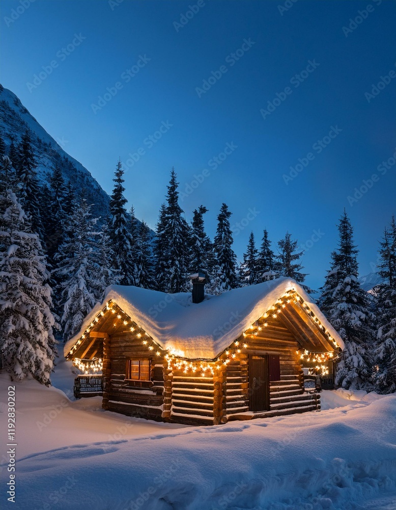 Fototapeta premium Generated image A cozy wooden lodge with glowing lights and garlands set in a snowy mountain landscape