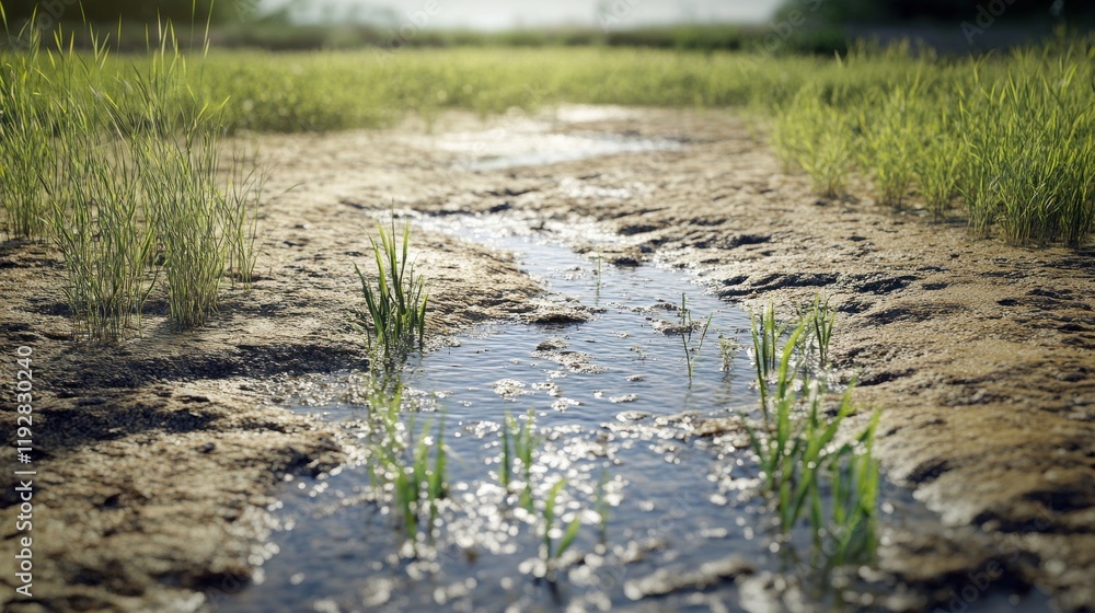 Tranquil Stream Flowing Through Lush Green Grass Landscape Tranquil Stream Flowing Through Lush Green Grass Landscape