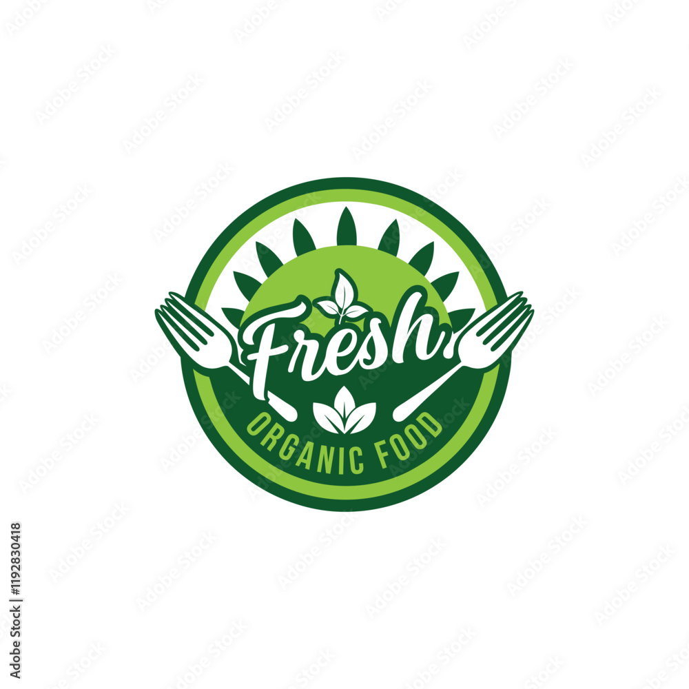 Fresh Organic Food Logo Design with Fork and Leaves. Fresh organic food vector logo design template Fresh Organic Food Logo Design with Fork and Leaves. Fresh organic food vector logo design template