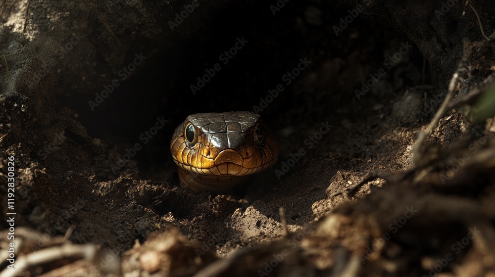Fototapeta premium Snake Emerging from Burrow in Nature Setting with Dark Background
