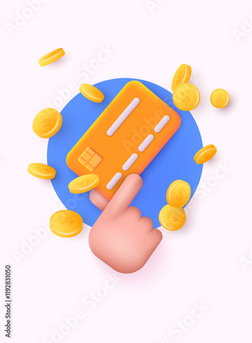 Credit card Icon with coins. Payment of utility, bank, restaurant and other bill. 3D Web Vector Illustrations.