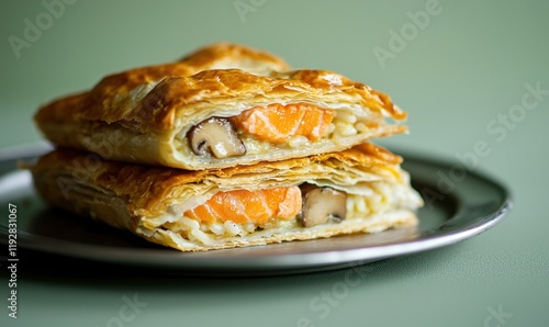 Delicious Kulebyaka pie with salmon, rice, mushrooms, and eggs on a silver plate against a muted green background photo