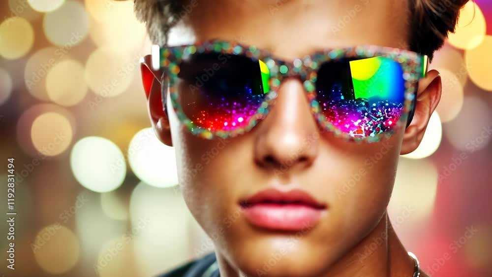 Youth with colorful sunglasses gazing at the vibrant lights during an evening event in an urban setting Youth with colorful sunglasses gazing at the vibrant lights during an evening event in an urban setting
