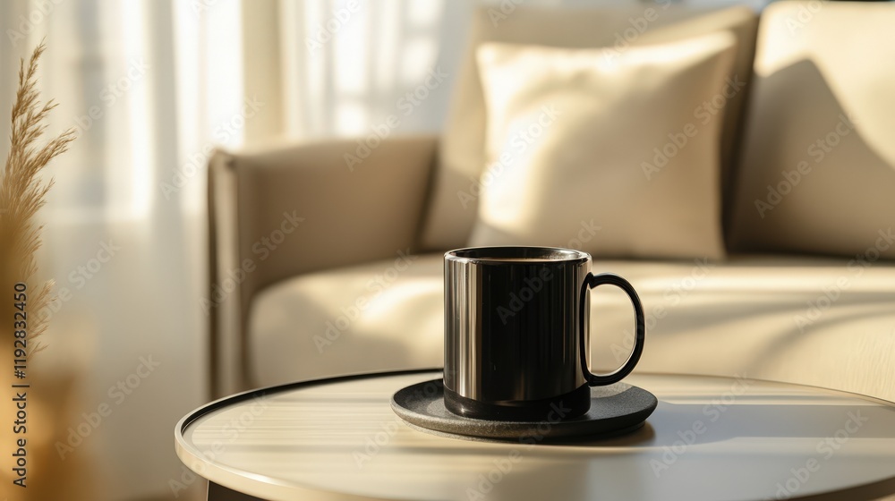 Black Coffee Mug On Modern Side Table In Sunny Room Black Coffee Mug On Modern Side Table In Sunny Room