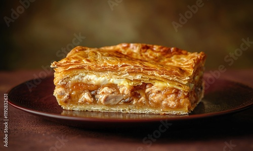 Rich layers of chicken, mushrooms, and eggs in a flaky pastry showcase a traditional Russian pie on a red plate photo