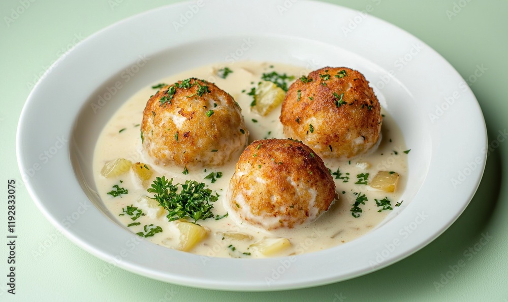 Delicious fiskeboller served with creamy sauce and fresh herbs on a white plate against a muted backdrop Delicious fiskeboller served with creamy sauce and fresh herbs on a white plate against a muted backdrop