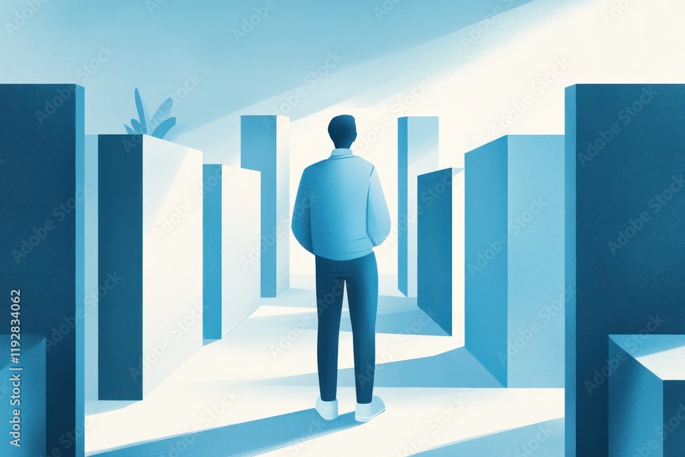 alone man navigating blue geometric labyrinth: symbolizing choices and paths in life, , flat illustration. metaphor or symbol of searching for solutions, solitude and reflection alone man navigating blue geometric labyrinth: symbolizing choices and paths in life, , flat illustration. metaphor or symbol of searching for solutions, solitude and reflection