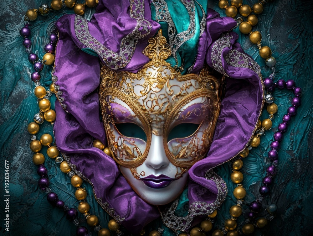 Intricate Traditional Mardi Gras Mask Close-Up with Elegant Details and Colorful Beads Perfect for Celebrating Carnival Festivities and Cultural Events Intricate Traditional Mardi Gras Mask Close-Up with Elegant Details and Colorful Beads Perfect for Celebrating Carnival Festivities and Cultural Events