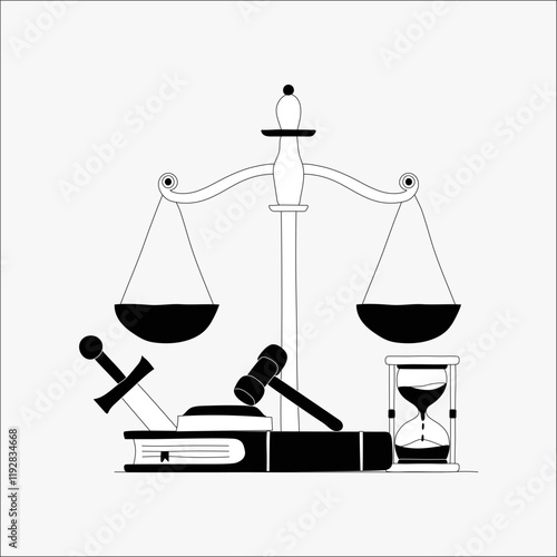 Justice scales, gavel, and hourglass in flat vector illustration symbolizing balance, time, and legal decisions, isolated on white background.