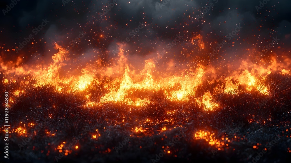 Raging Nighttime Wildfire Spreading Through Dry Grass Field with Glowing Embers Illuminating the Landscape Raging Nighttime Wildfire Spreading Through Dry Grass Field with Glowing Embers Illuminating the Landscape