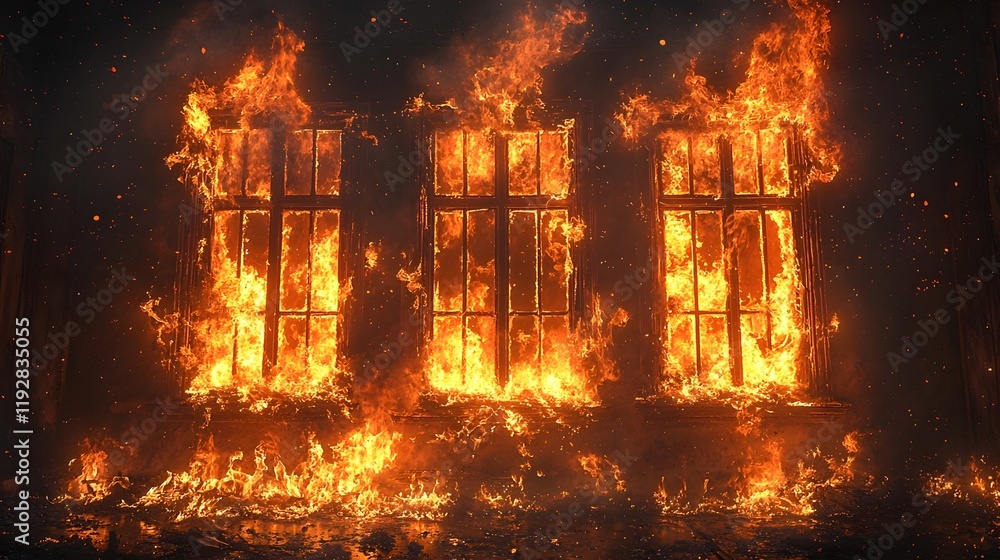 Fiery Inferno Engulfing Wooden Structure with Glowing Flames and Cracked Windows Disaster and Crisis Concept Fiery Inferno Engulfing Wooden Structure with Glowing Flames and Cracked Windows Disaster and Crisis Concept