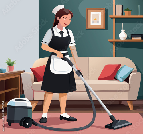Housekeeper vacuuming living room rug in modern apartment