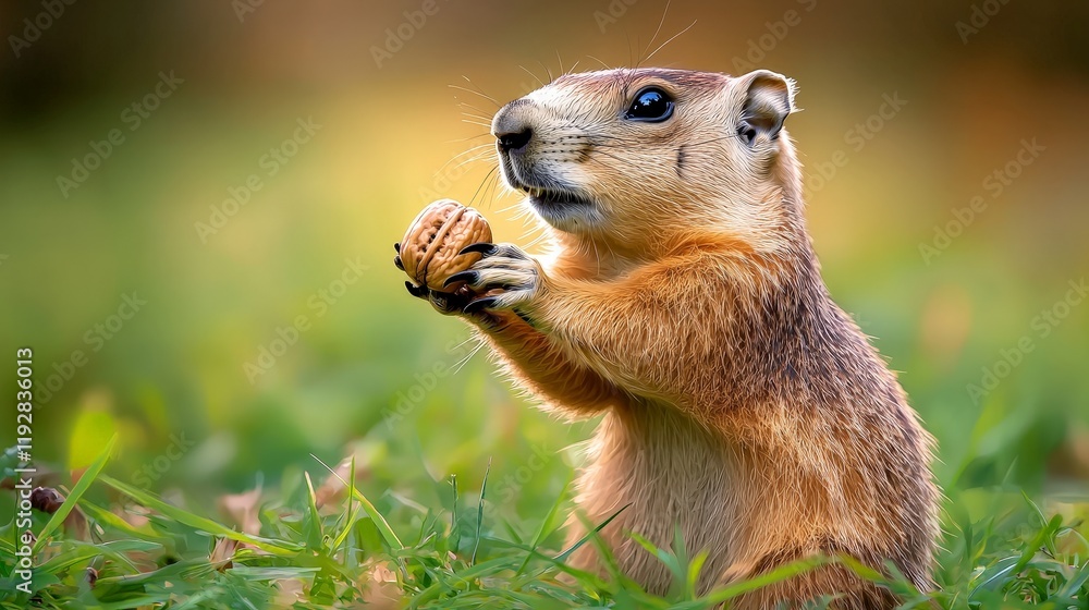Fototapeta premium Heartwarming Close-Up of a Groundhog Happily Holding a Small Nut in a Lush Green Field Under Soft Natural Lighting