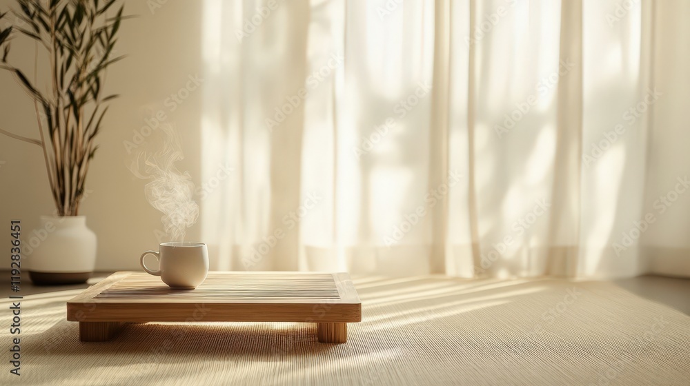 Steaming Cup on Wooden Tray Near Window Steaming Cup on Wooden Tray Near Window