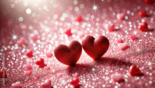 Two glittery red hearts on sparkling pink background with bokeh and star effects