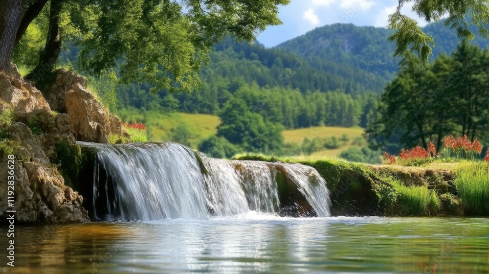 Pristine Woodland Waterfall with Moss-Covered Rocks and Lush Forest Canopy in Natural Sunlight Pristine Woodland Waterfall with Moss-Covered Rocks and Lush Forest Canopy in Natural Sunlight