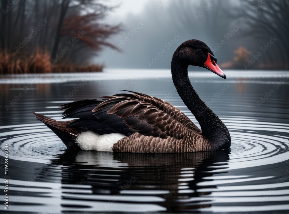 Black swan glides gracefully across a serene lake surrounded by misty trees in autumn Black swan glides gracefully across a serene lake surrounded by misty trees in autumn