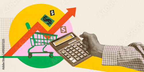 Shopping cart, calculator, and upward economic trends symbolizing the increasing cost of living and consumer spending. Conceptual creative design. Concept of inflation, finances, economic growth