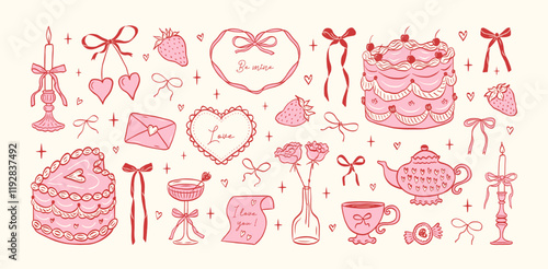 Hand drawn coquette elements for Valentines day, wedding invitation, birthday card. Cute girly bows, hearts, ribbons, cherry, cake, heart frame, strawberry. Vintage elegant vector illustration.