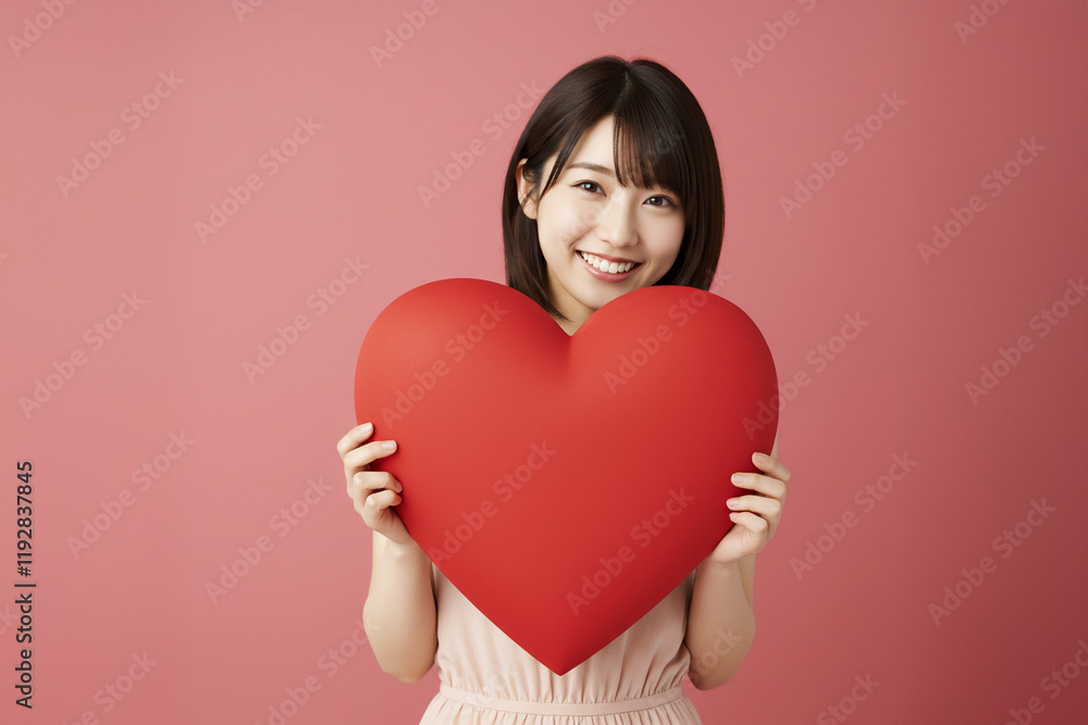 赤いハートを持った女性、笑顔 赤いハートを持った女性、笑顔