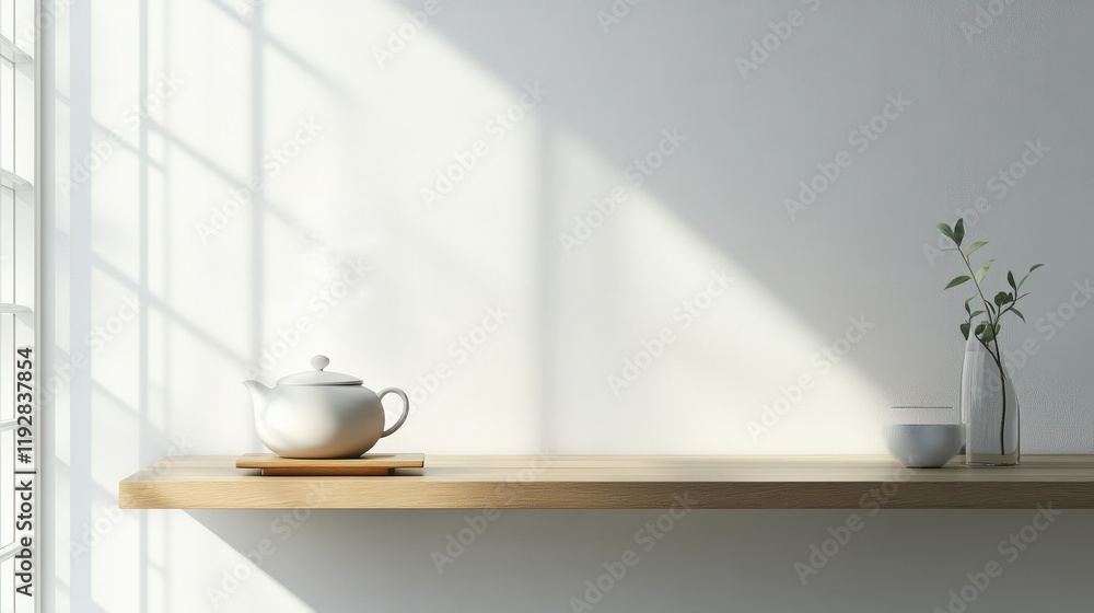 Minimalist Tea Setup On Wooden Shelf With Sunlight Minimalist Tea Setup On Wooden Shelf With Sunlight