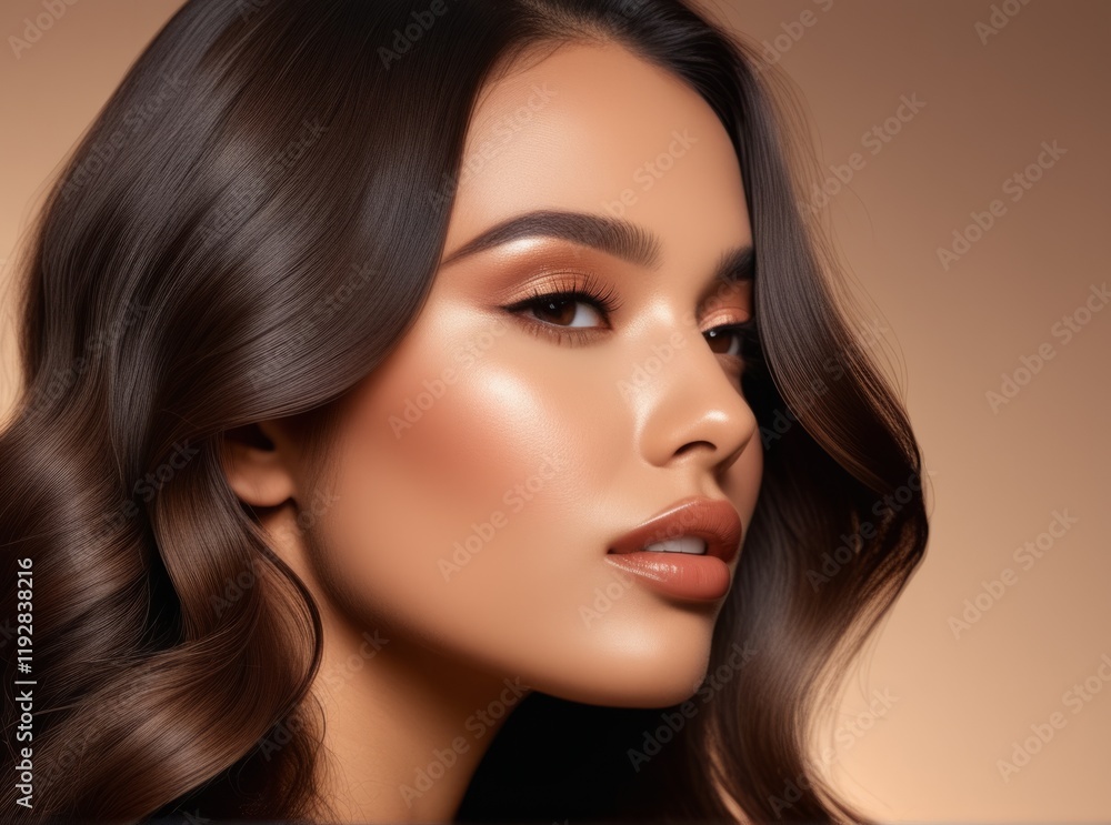 Young woman with long wavy hair showcasing flawless makeup and glowing skin in soft lighting environment Young woman with long wavy hair showcasing flawless makeup and glowing skin in soft lighting environment