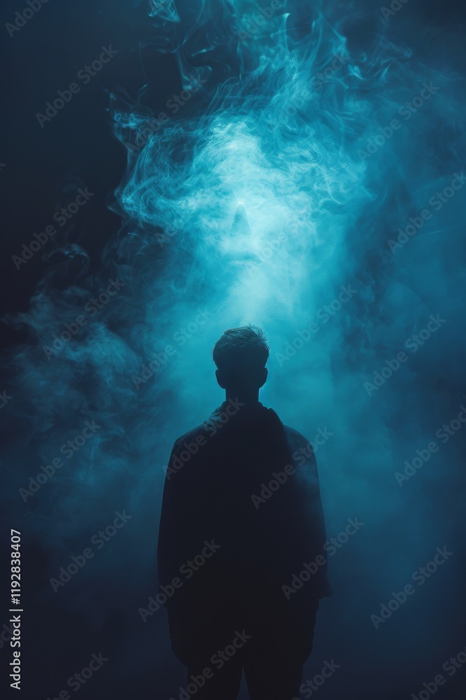 Man silhouette in smoke dark and mysterious concept for moody or abstract themes Man silhouette in smoke dark and mysterious concept for moody or abstract themes