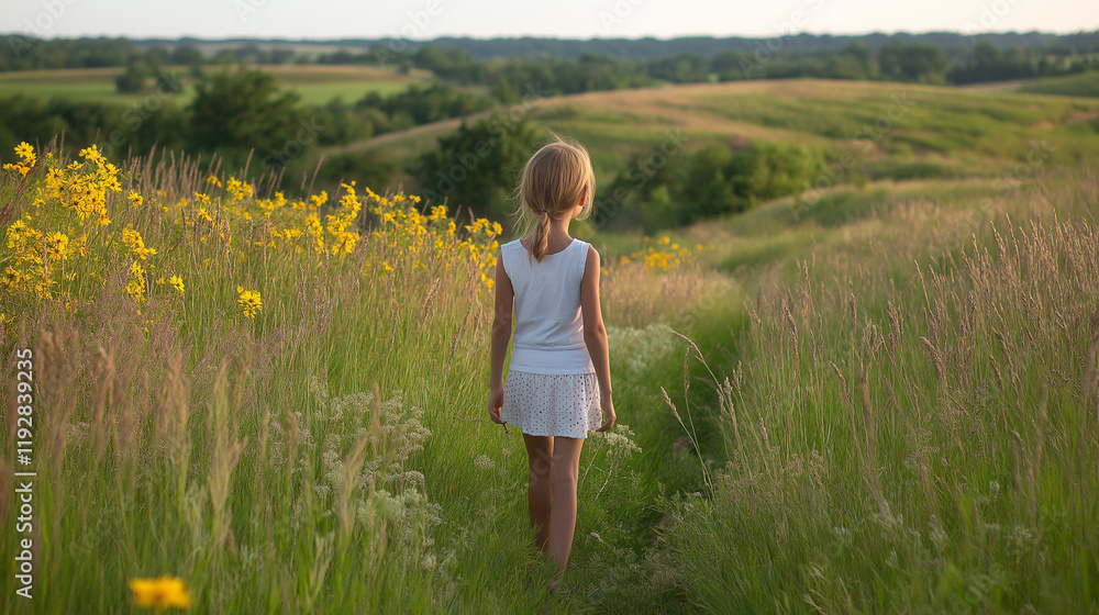 Girl Walking in Meadows Touching Grass Surrounded by Peaceful Nature Girl Walking in Meadows Touching Grass Surrounded by Peaceful Nature