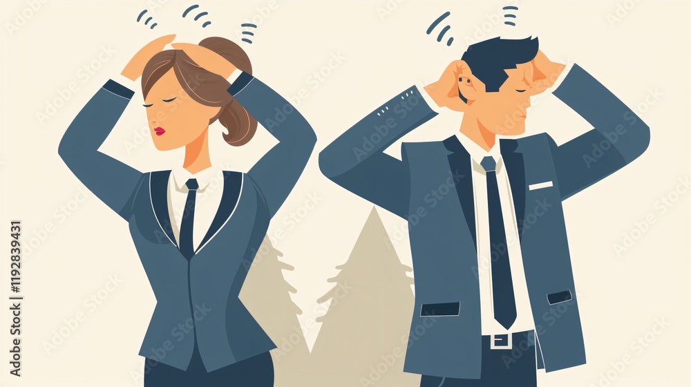 Frustrated Business Woman Being Interrupted by Another Man Covering Her Ears Frustrated Business Woman Being Interrupted by Another Man Covering Her Ears