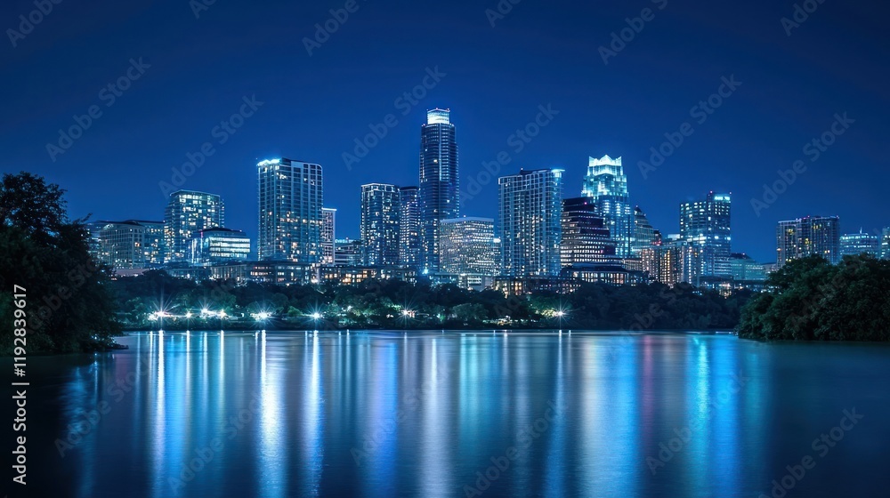 Naklejka premium A grand view of a city skyline at night with glittering lights.