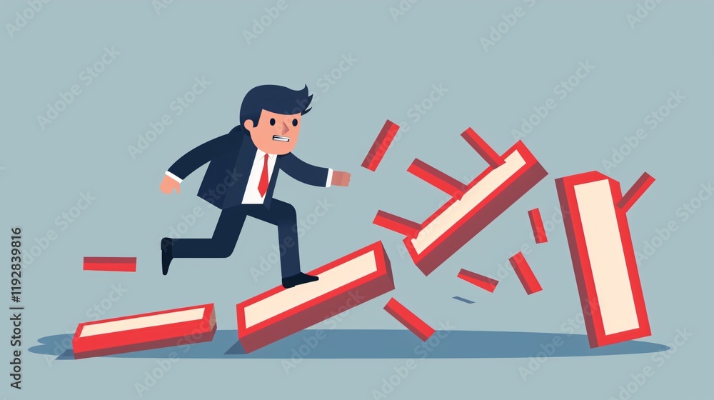 Obraz premium Businessman Escaping Domino Effect in Business Concept Image