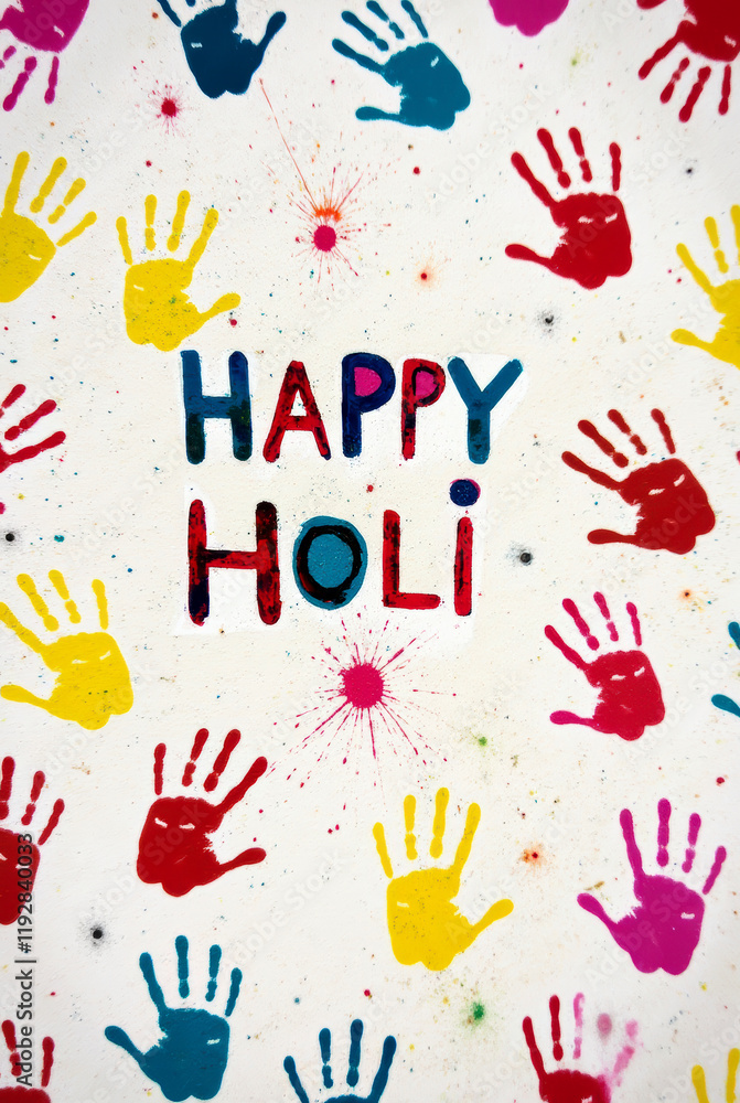 Fototapeta premium Joyful Holi Festival Wall Decoration with Colorful Handprints and Bold Message